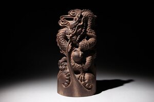 ☆撫子☆沈香彫刻　龍戯珠彫　高さ約27cm　(検)香木 香道具 透かし彫り 中国美術 唐物 古玩 骨董 古美術