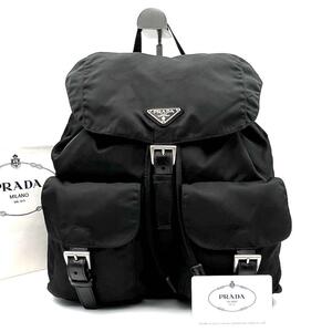 《美品》ギャランティカード付 PRADA プラダ Wポケット 三角ロゴ ナイロン レザー リュック デイパック ブラック