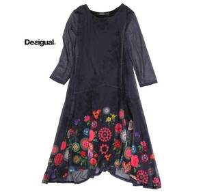 デシグアル Desigual お洒落 フラワープリント パワーネット メッシュ ワンピース xs