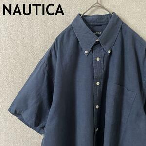 L3 nautica 無地シャツ　半袖　リネンシャツ　麻素材　大きめＬメンズ 紺