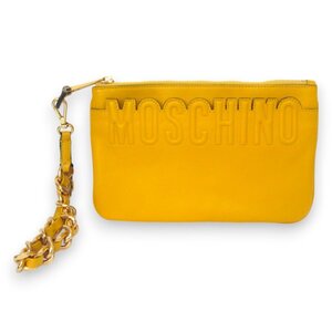 美品 MOSCHINO モスキーノ レザー 2Way ポーチ クラッチバッグ 小物入れ イエロー×ゴールド金具 ◆