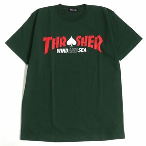 未使用□WIND AND SEA×THRASHER ウィンダンシー スラッシャー WDS-THRA-03 コットン クルーネック 半袖ロゴTシャツ グリーン L 正規品