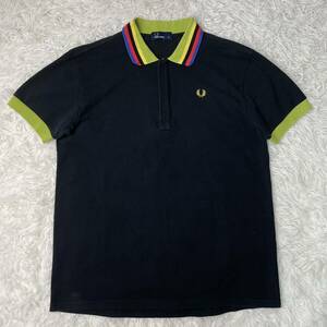 【F06】希少XL◎FRED PERRY フレッドペリー ポロシャツ 半袖 マルチカラー 刺繍 ロゴ ハーフジップ ブラック 黒 LLサイズ メンズ