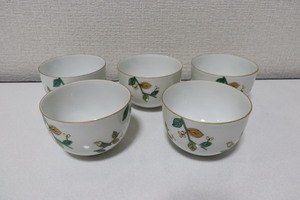 美品 有田焼? 瑞洸 湯呑み 5客セット 自然絵 葉 枝 花 茶道 道具 茶器 来客用 煎茶 日本茶 お茶飲み 食器 キッチン 日用品 ホワイト