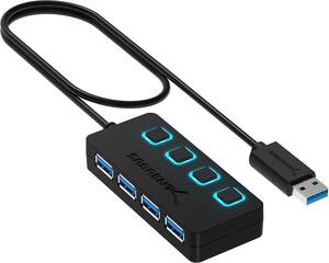 Sabrent 4ポートUSB 3.0ハブ（個別LED電源スイッチ付き）｜60cmケーブル｜スリム＆ポータブル｜Mac＆PC用「U