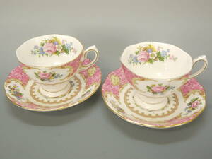 839 ROYAL ALBERT Lady Carlyle Bone China ENGLAND カップ＆ソーサー ２客 ロイヤルアルバート レディーカーライル 金彩 花柄 ピンク