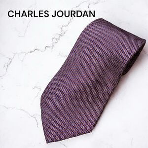 1円～ 美品 CHARLES JOURDAN シャルルジョルダン メンズ ネクタイ シルク100% 絹 総柄 パープル ボルドー ビジネス シャツ 通勤 レギュラー