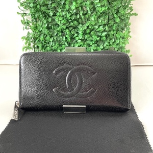 1円 美品 CHANEL シャネル キャビアスキン デカココ ブラック シルバー金具 ラウンドファスナー長財布