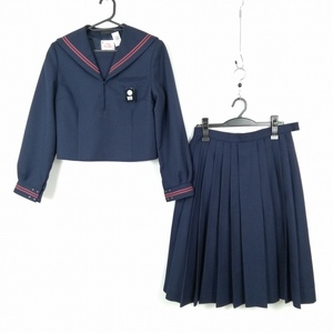 1円 セーラー服 スカート 上下2点セット 160A カンコー 冬物 赤2本線 女子 学生服 中学 高校 紺 制服 中古 ランクB EY8468