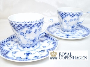 1029A[A]ROYAL COPENHAGEN◆ロイヤルコペンハーゲン/ブルーフルーテッド フルレース 顔付き/カップ＆ソーサー ペア 2客セット/洋食器