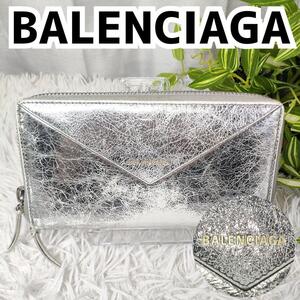 バレンシアガ 長財布 シルバー レザー ラウンド BALENCIAGA 財布 レター 銀 女性 ラウンドファスナー 男性 レディース 革財布 メンズ 本革