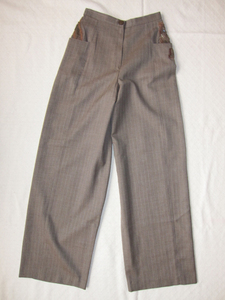 伊太利屋 レディース　ロング ワイド パンツ　7号　ズボン　毛100% 　ピンストライプ　茶　薄こげ茶色　刺繍アップリケ入りポケット