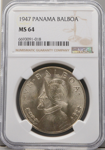 1947年 パナマ バルボア銀貨 NGC MS64 スペイン冒険家 アンティークコイン シルバー 女神 モダンコイン 投資 資産保全 最終年度