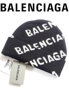 46,000円新品BALENCIAGAバレンシアガ★ユニセックス商品BALENCIAGAロゴ編みの黒×白ニット帽