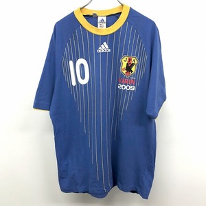 adidas Tシャツ サッカー 10番 KIRIN 麒麟 キリン 2009 JFA ストライプ 丸首 ラグラン 半袖 綿100% L ブルー系×イエロー 青系 メンズ