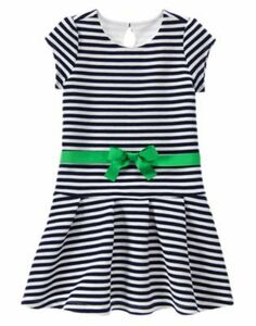 Gymboree 130㎝【8】緑リボン♪ギャザーストライプドレスWhite＆Navyジンボリー