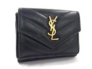 1円 YVESSAINTLAURENT イヴサンローラン カサンドラ Vステッチ レザー 三つ折り 財布 ウォレット 札入れ 小銭入れ ブラック系 FF8994