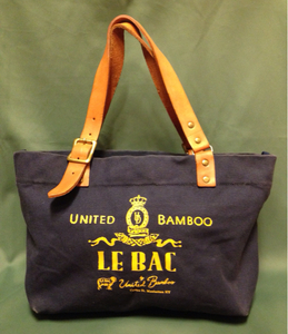 UNITED BAMBOO ユナイテッドバンブー キャンバス生地×革使い レザー プリントロゴ入り トートバッグ ネイビー紺色 28×22マチ15