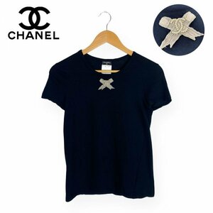 ★美品★ CHANEL シャネル トップス 半袖Tシャツ ココマーク パール ビーズ装飾 リボン P35187K02073 ブラック レディース38(Mサイズ)