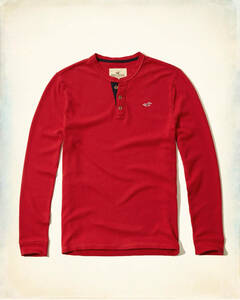 * HOLLISTER ホリスター ヘンリーネック ワッフル Tシャツ 長袖Ｔシャツ Waffle Henley 長袖 ロンT M / Red *