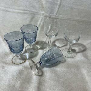 C988 切子ガラス 脚付きグラス 小さめサイズ 2種 5点セット ミニグラス 食前酒 酒器 工芸品 硝子工芸