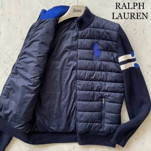 美品★ ポロ ラルフローレン POLO RALPH LAUREN 袖ニット切替 ハイブリッド 中綿 ダウンジャケット ブルゾン M相当 ビッグポニー ネイビー