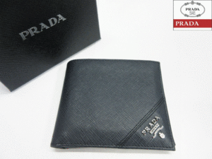 (D) PRADA プラダ サフィアーノ レザー 2つ折り財布 ネイビー ウォレット