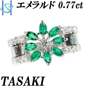 タサキ 田崎真珠 エメラルド リング ダイヤモンド シェル K18WG 花 フラワー 植物 幅広 ブランド TASAKI 送料無料 美品 中古 SH105720