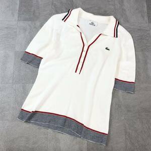 LACOSTE ラコステ　ライン入ニットポロシャツ 半袖シャツ　コットンシャツ　オフホワイト　レッドライン　サイズ40 古着