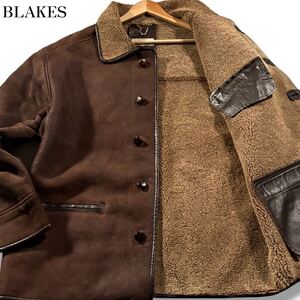 極美品/XLサイズ相当●最高級 BLAKES ブレイクス ムートンジャケット 羊革 毛皮 裏起毛 ラムレザー くるみボタン レザーパイピング 英国製