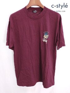 Y960a [ヴィンテージ] STUSSY ステューシー 80ｓ 半袖Tシャツ L ブラウン系 黒タグ プリント OLD オールド クルーネック | トップス Y