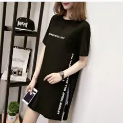 ワンポイントロゴ フェイクTシャツ ワンピース風 ブラック