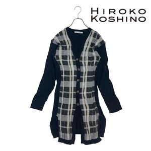 10T129☆ HiROKO KOSHiNO ヒロココシノ ウール ニット ロングカーディガン 羽織り 春秋冬 トップス スリット入り 綺麗なシルエット Lサイズ