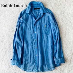 RALPH LAUREN ラルフローレン シャツ 羽織り ブラウス ボタンダウン ポニー刺繍 オーバーシルエット ビッグ リネン 麻 LL 2XL 3L 青 ブルー