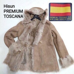 Hisun PREMIUM TOSCANA 羊革 ムートン ラムレザー ファー 毛皮 リアルムートン コート ジャケット フーデッド フーディ フード M ベージュ