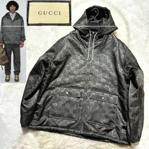 本物 極美品 近年モデル グッチ GG グリッド モノグラム マウンテン ジャケット 44 グレー 銀 GUCCI オーバーサイズシルエット ブルゾン