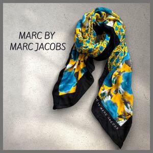 極美品 MARC BY MARC JACOBS マークバイマークジェイコブス 花柄フラワー レーヨン大判ストール 118×155cm黒ブラック黄色イエロー青ブルー