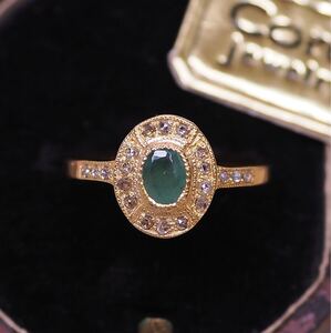 ＊K9gf 煌めくローズカットダイヤモンド&天然エメラルドリング＊英国ヴィンテージ 金 ゴールド vintage antique gold diamond ring emerald