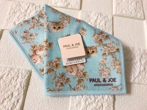 新品 タグ付き ★ PAUL & JOE ACCESSOIRES リバーシブル 猫柄 タオルハンカチ ブルー ★ 花柄 両面 メガネクロス スマホクロス