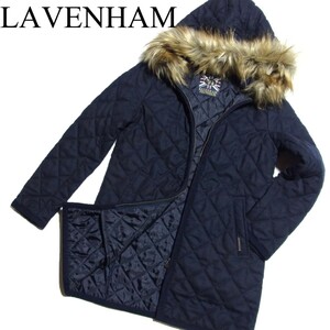 LAVENHAM ラベンハム SYLEHAM サイルハム 2WAY ファー フランネル ウール キルティング コート 36 ネイビー