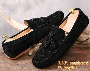 新品特売■ローファー スリッポン メンズシューズ 牛革 ドライビングシューズ 本革 スエード革 BROGUE タッセル 通気 五色 ブラック 25.5cm