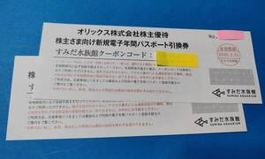 すみだ水族館 年間パスポート引換券 オリックス　株主優待 2枚