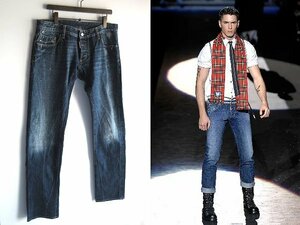 コレクション使用 名作 Dsquared2 ディースクエアード 2008AW ロゴピスネーム クラッシュ加工 赤耳 デニムパンツ 52 インディゴ イタリア製