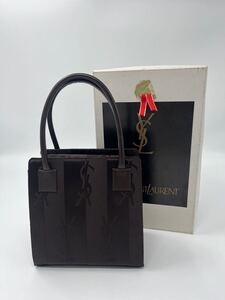 美品 Yves saint Laurent ハンドバッグ ロゴ ストライプ ナイロン レザー ブラウン 箱付き