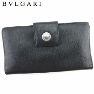 極美品 BVLGARI ブルガリ 長財布 二つ折り 財布 ウォレット レディース メンズ 黒 ブラック シルバー オールレザー 