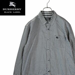 希少◆極美品 Ｌ(3) BURBERRY BLACK LABEL バーバリー ブラック レーベル シャツ ギンガムチェック ホースロゴ 刺繍 長袖 メンズ 黒