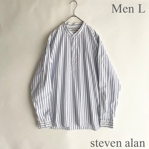 【美品】steven alan 日本製 スティーブンアラン STRIPE BAND COLLAR PULLOVER SHIRT-BOLD プルオーバーシャツ ホワイト×ブルー size L sk