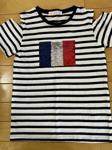 【used 美品 お買い得品 着用回数僅少】ELLE キラキラスパンコール肩見せフリップボーダーTシャツ　150㎝