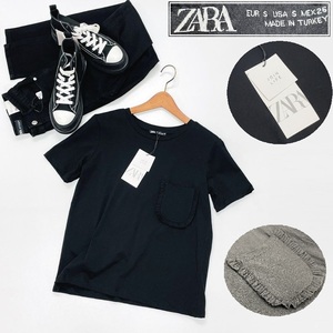 /S/ ZARA ブラック 半袖Tシャツ レディース タグ カジュアル トップス 通勤 フェミニン 大人可愛いポケットデイリーコットン ザラ