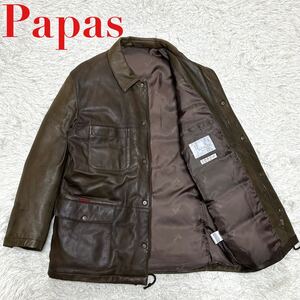 XL LL【定価約40万】Papas パパス ステンカラー ダウンジャケット ラムレザー 羊革 本革 シープスキン 茶 ブラウン フェザー ドローコード